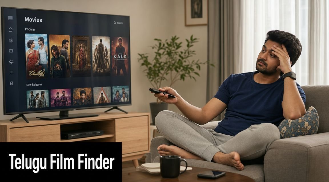 2026 Telugu Film Reviews and Ratings: Top Movies & OTT Guide A man sitting on a sofa feeling bored while looking for movies on a television screen.