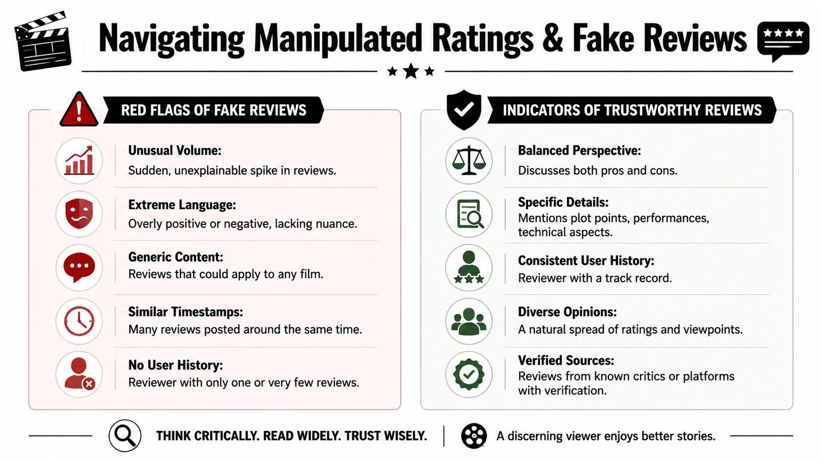 2026 Telugu Film Reviews and Ratings: Top Movies & OTT Guide An infographic titled Navigating Manipulated Ratings and Fake Reviews comparing red flags and signs of trustworthy reviews.