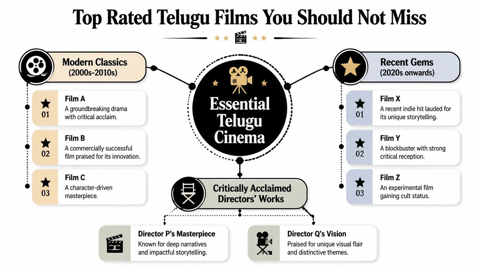 2026 Telugu Film Reviews and Ratings: Top Movies & OTT Guide An infographic titled Top Rated Telugu Films presenting categories for modern classics, recent gems, and acclaimed directors.