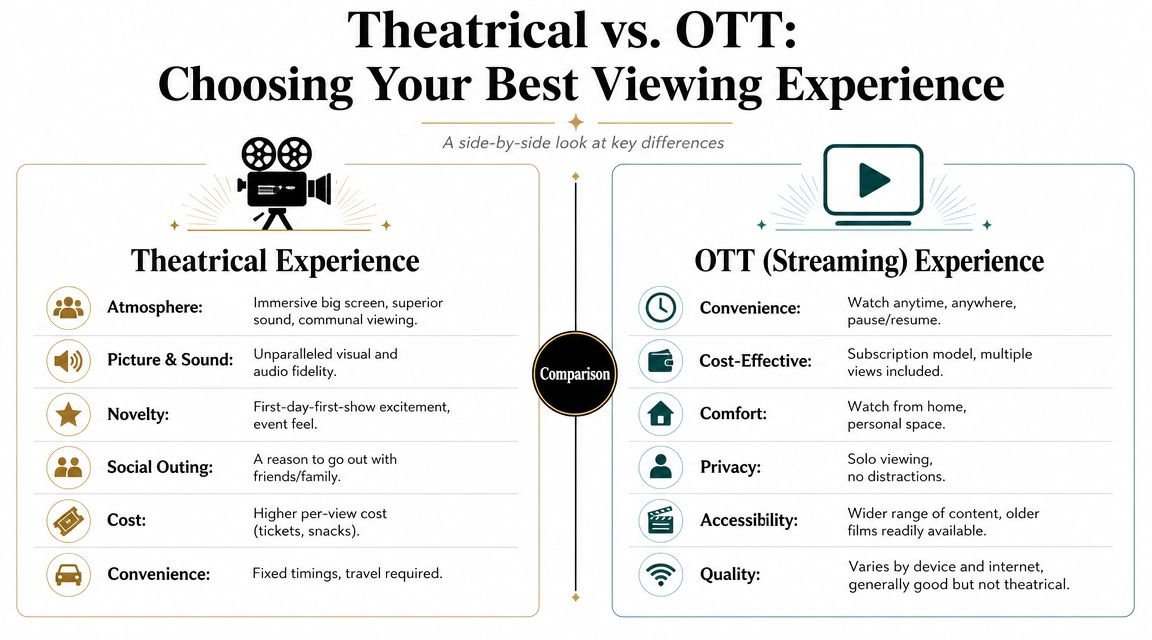 2026 Telugu Film Reviews and Ratings: Top Movies & OTT Guide A comparison infographic showing the advantages and disadvantages of watching movies in theaters versus OTT streaming platforms.